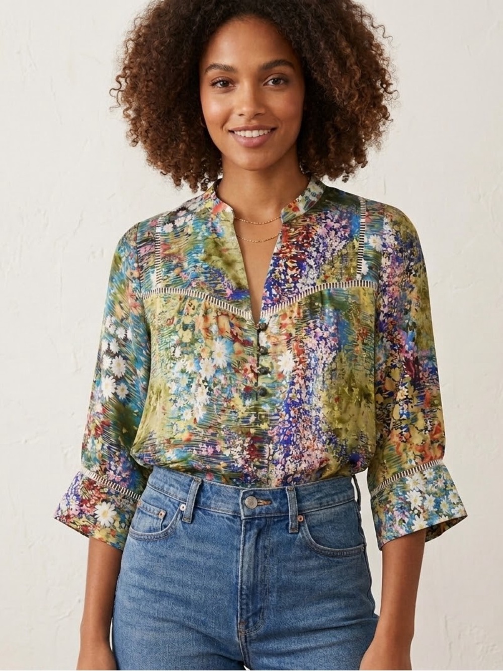 Dolan 100% Silk Floral Top Size L Boho Button Front Ladder Lace
